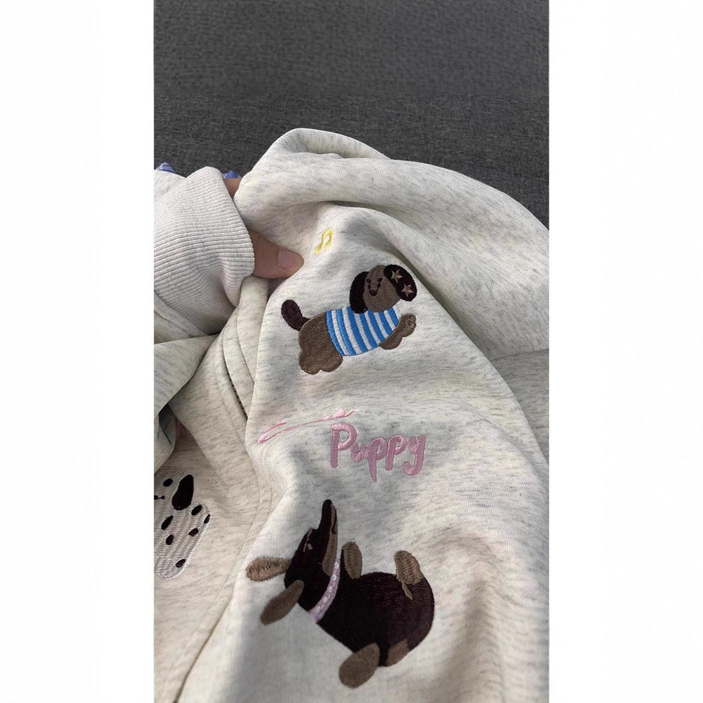 Patchwork Plaid Girls' Hooded Cardigan with Embroidered Dog
