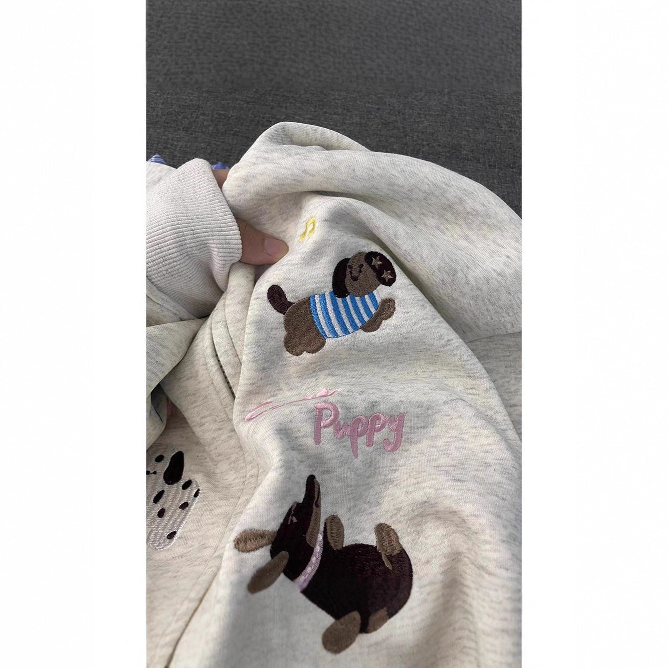 Patchwork Plaid Girls' Hooded Cardigan with Embroidered Dog