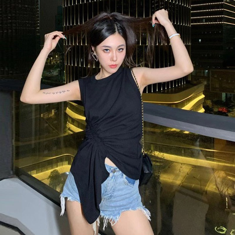Casual White T Shirt For Women O Neck Sleeveless Ruched Irregular Slim T Shirts Females Summer Fashion Stylish