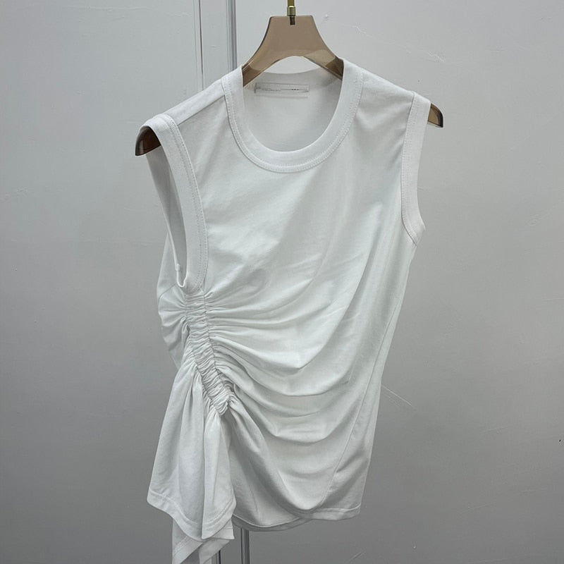 Casual White T Shirt For Women O Neck Sleeveless Ruched Irregular Slim T Shirts Females Summer Fashion Stylish