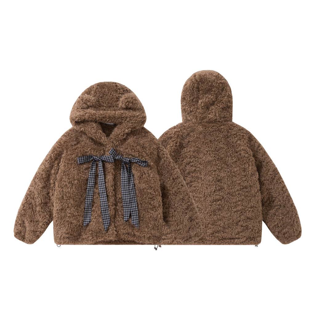 Chocolate Bear Ears Hooded Lamb Hair Coat Female