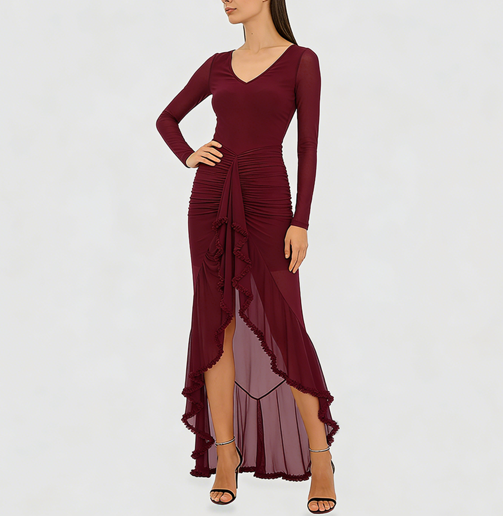 Women's Fashion V-neck Sheer Ruffle Skirt Dress