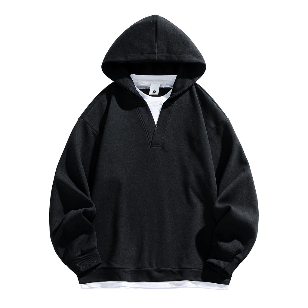 Fake two V-neck hooded men's hoodies for autumn and winter
