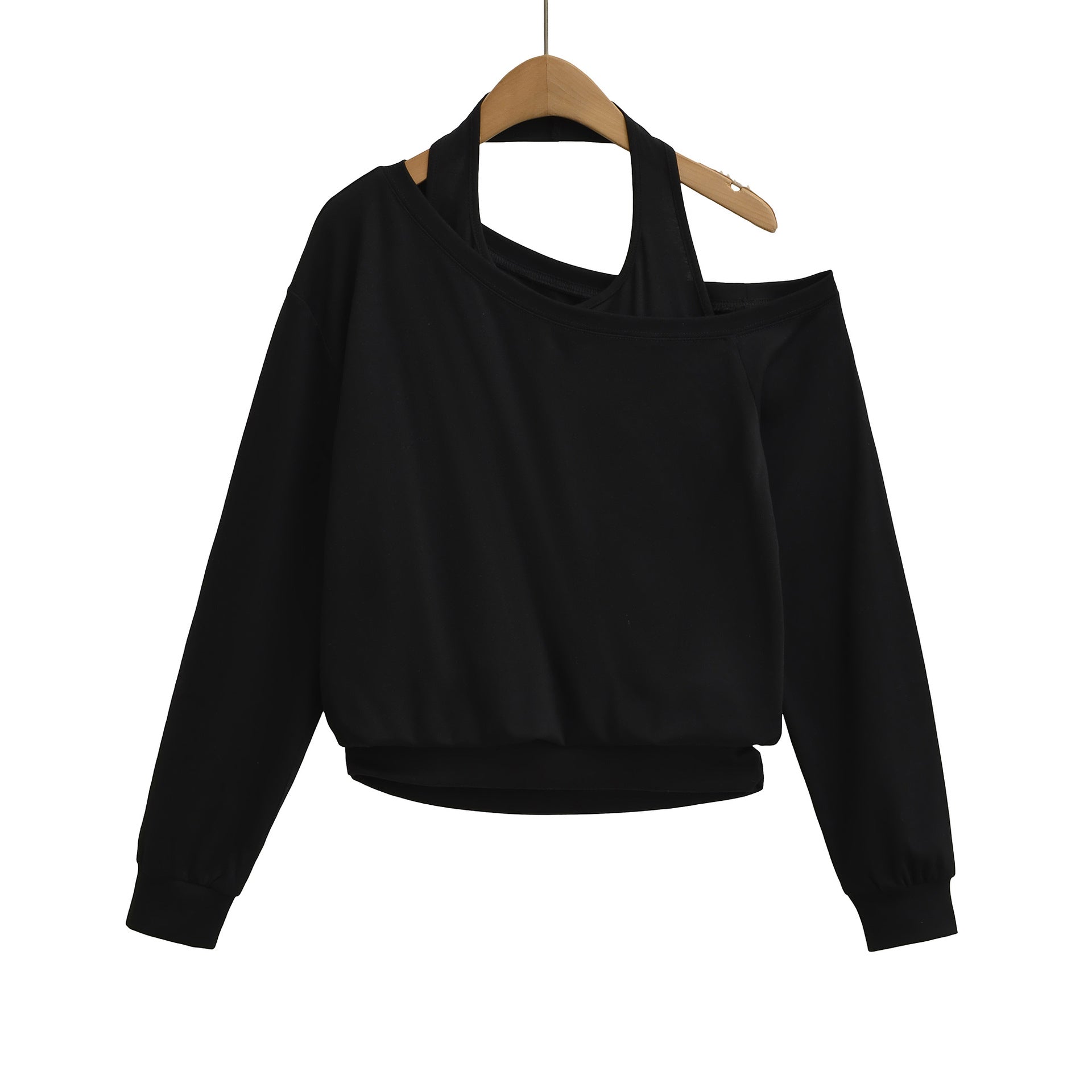 Fake two loose and lazy neck hanging hoodies with sloping shoulders