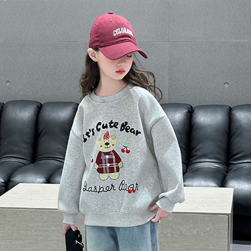 Girls' Autumn/Winter Simple Korean-Style Hoodie Round Neck Fleece-Lined Thickened Base LayerPure Cotton Top Trendy Kids Clothing
