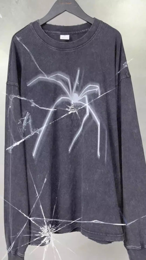 Autumn and winter new products, washed and worn, printed long sleeved t-shirt, men's fashion label, loose and long T-shirt