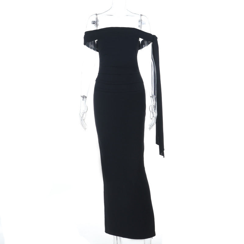 Black female one shoulder sexy slit ribbon dress long skirt