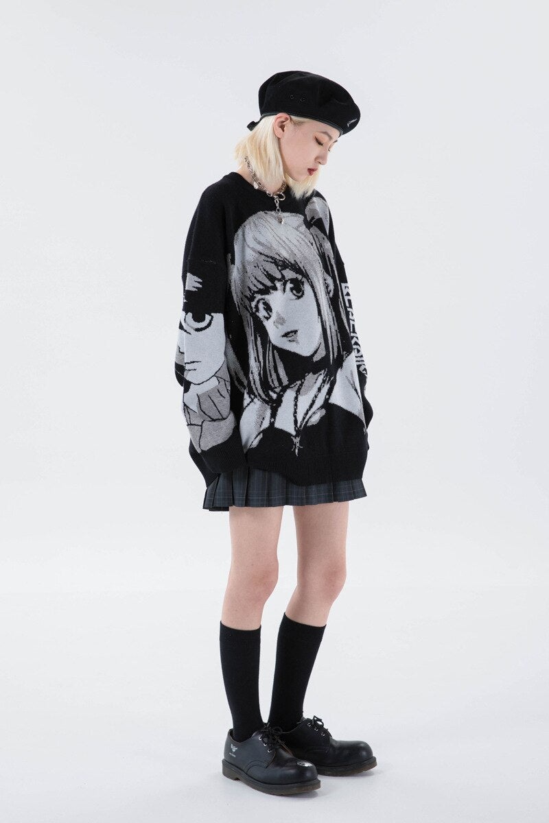 Mens Hip Hop Streetwear Harajuku Sweater Vintage Retro Japanese Style Anime Girl Knitted Sweater  Autumn Cotton Pullover
