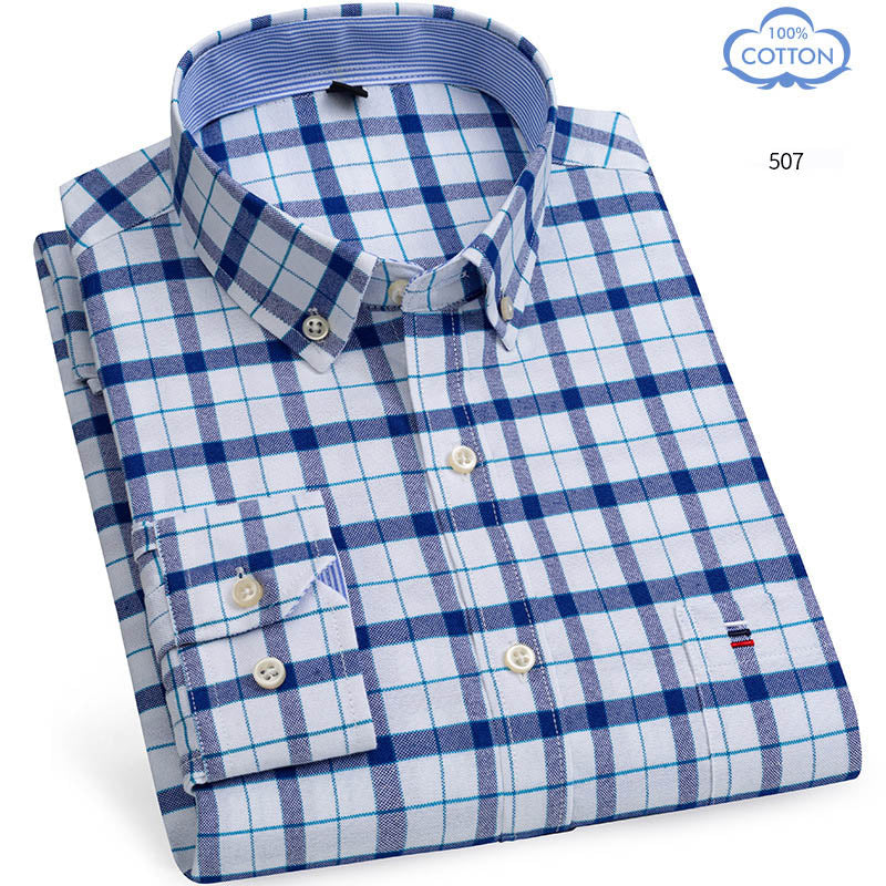 Spring Middle Aged And Elderly Mens Pure Cotton Oxford Spun Long Sleeved Shirt Loose Casual Large Thick All Cotton Shirt