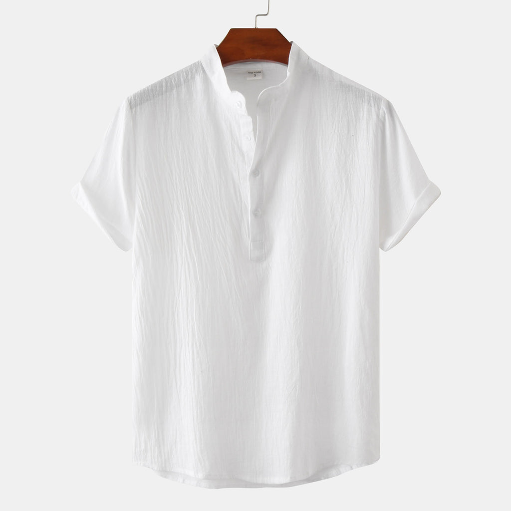 Summer Mens Cotton and Linen Standing Collar Casual Short Sleeved Shirt Beach T Shirt Shirt Mens Clothing
