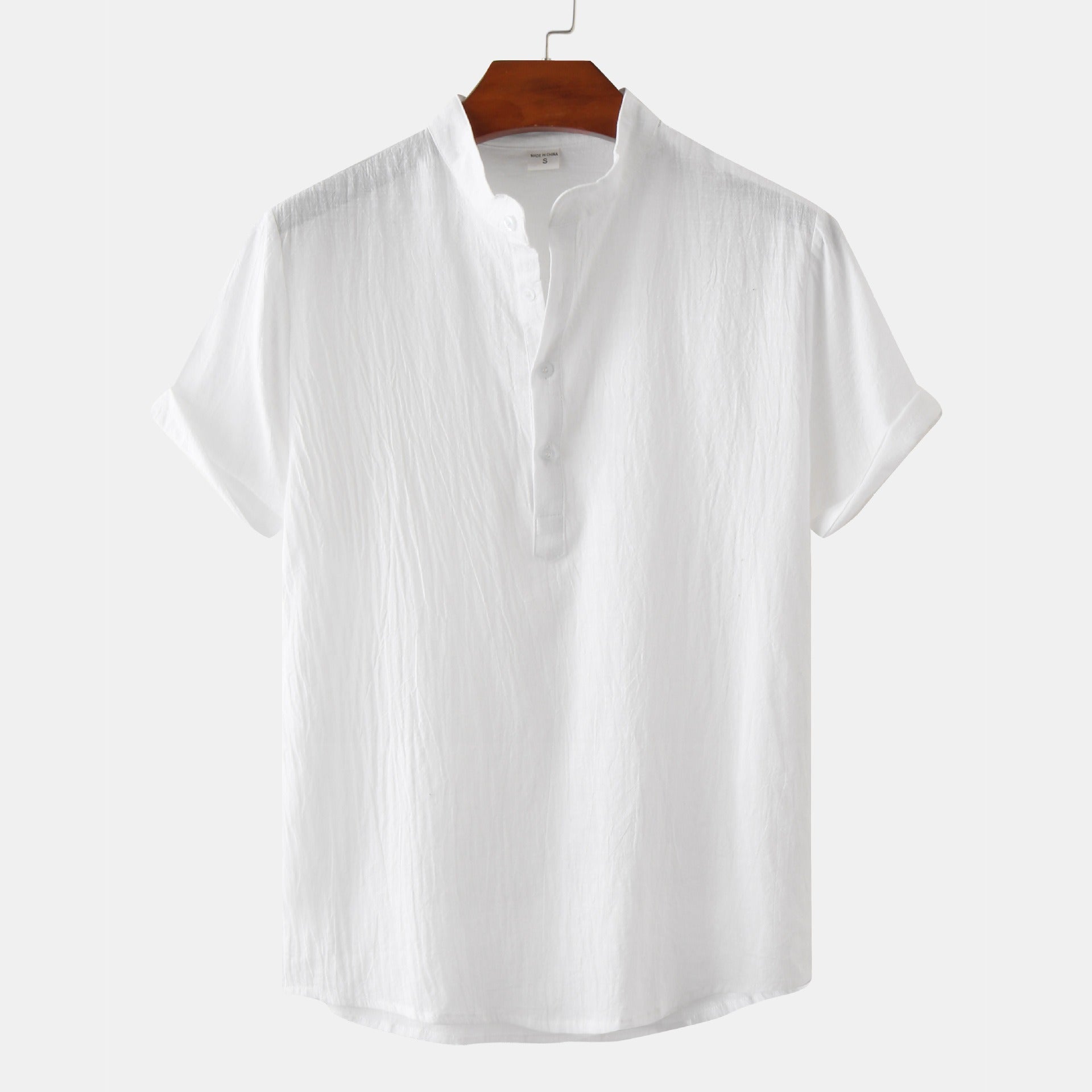 Summer Mens Cotton and Linen Standing Collar Casual Short Sleeved Shirt Beach T Shirt Shirt Mens Clothing