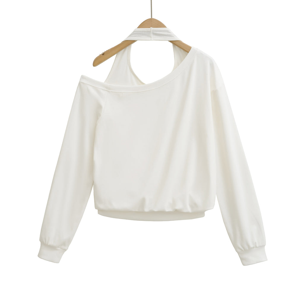 Fake two loose and lazy neck hanging hoodies with sloping shoulders