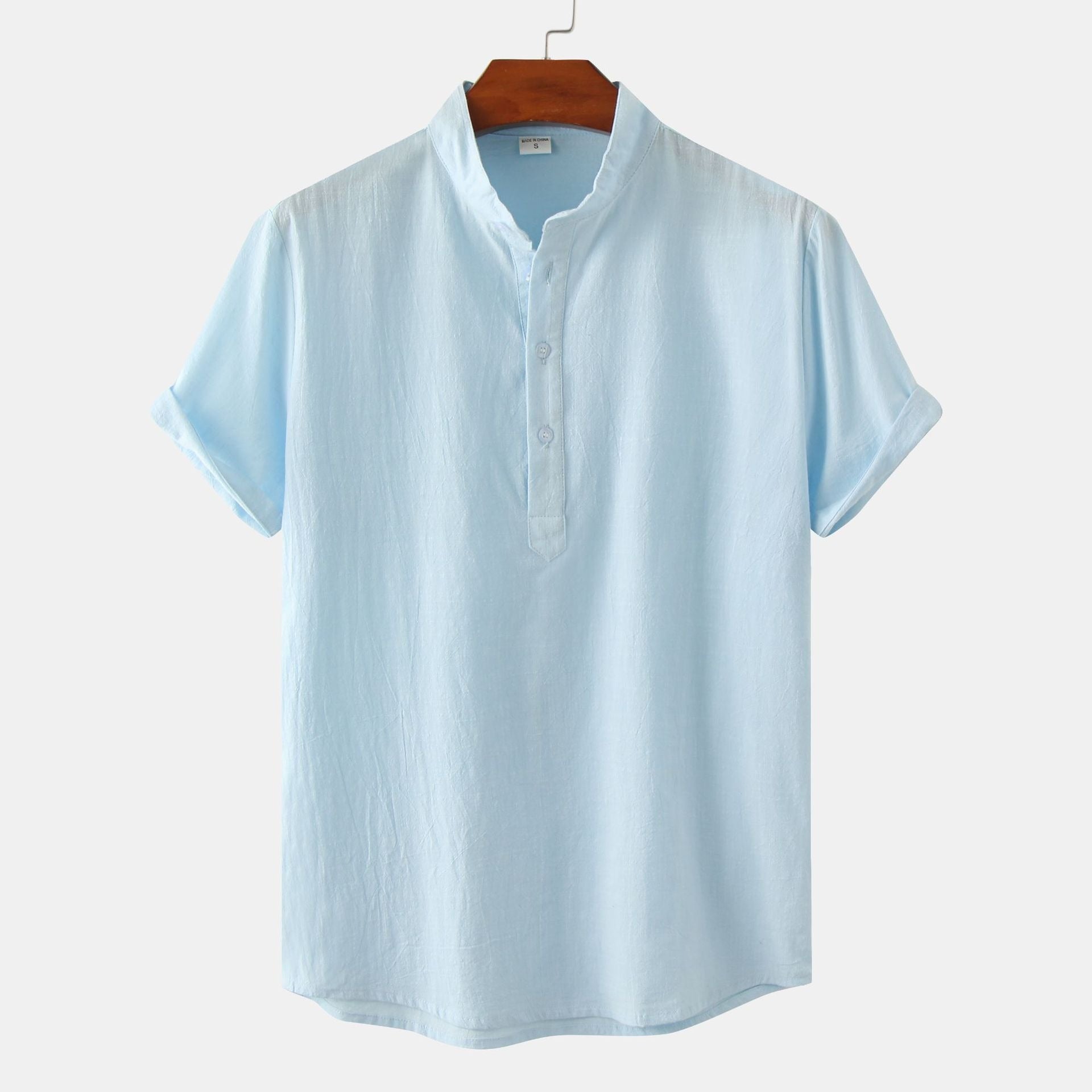 Summer Mens Cotton and Linen Standing Collar Casual Short Sleeved Shirt Beach T Shirt Shirt Mens Clothing