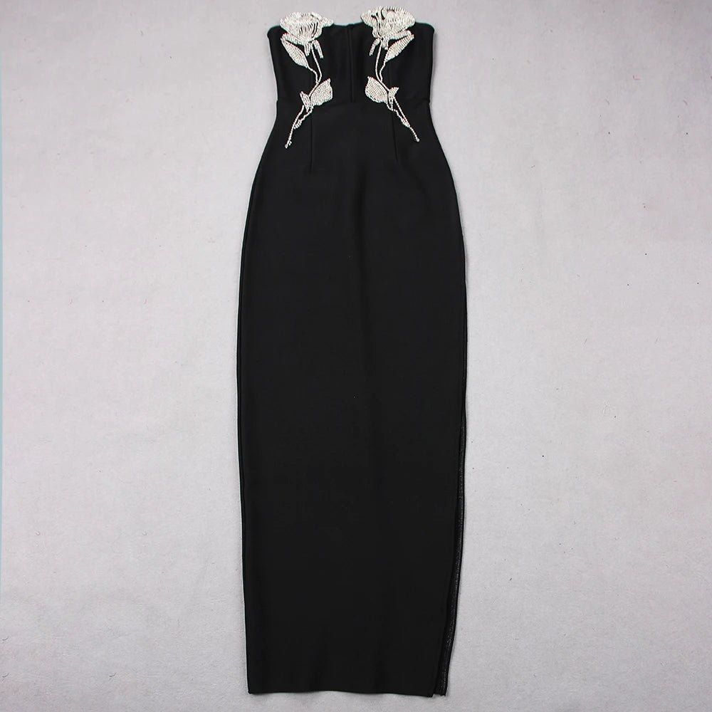 DEIVE TEGER  Black Rose Embroidered Long Bandage Dress for Girls Elegant Wrap Breast Sexy Party Event