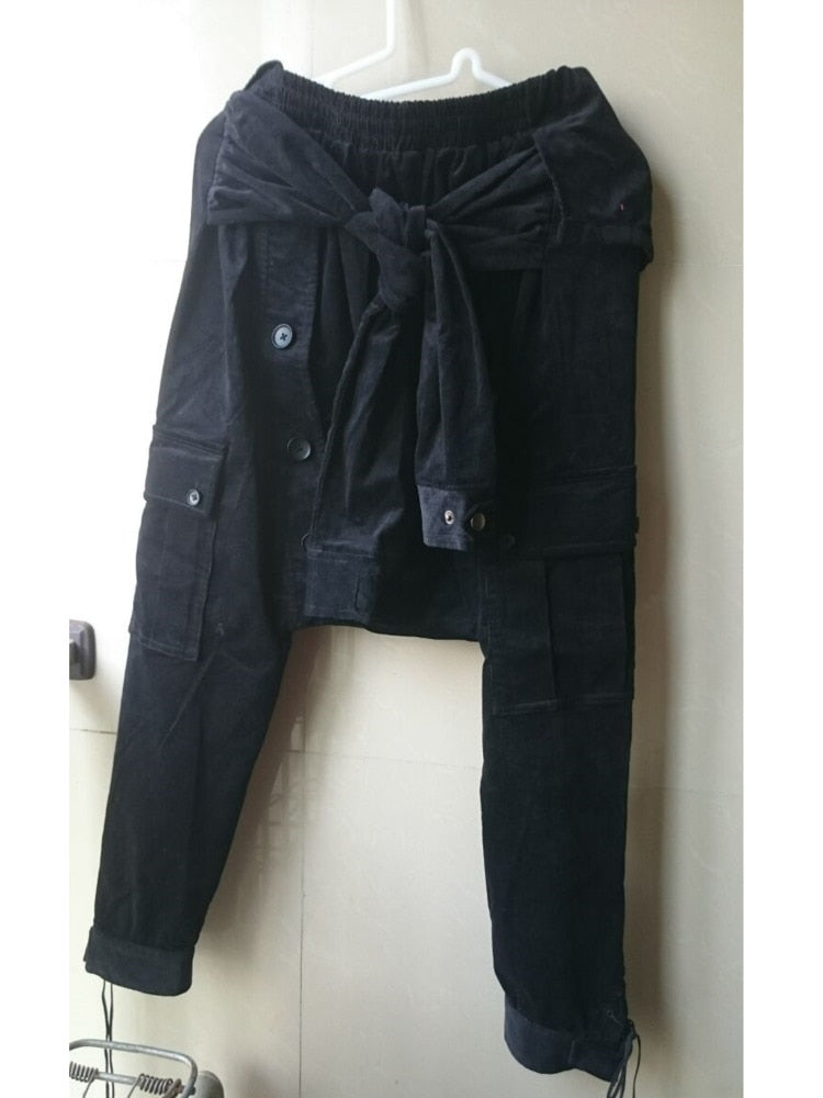 Trend Brand Designer Harem Pants Autumn New Products Sleeve Straps Casual Pants Corduroy Rope Nine-Point Pants