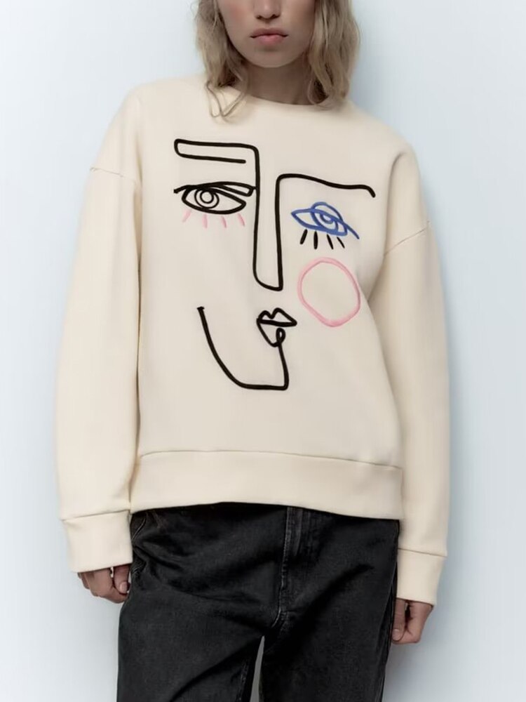 New Women Autumn Embroidered Sweatshirt Hoodies Fashion Loose O-neck Fleece Pullovers Female Hoodies Tops