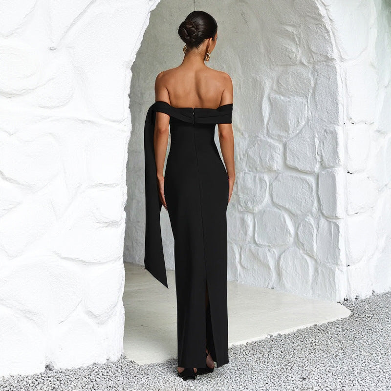 Black female one shoulder sexy slit ribbon dress long skirt