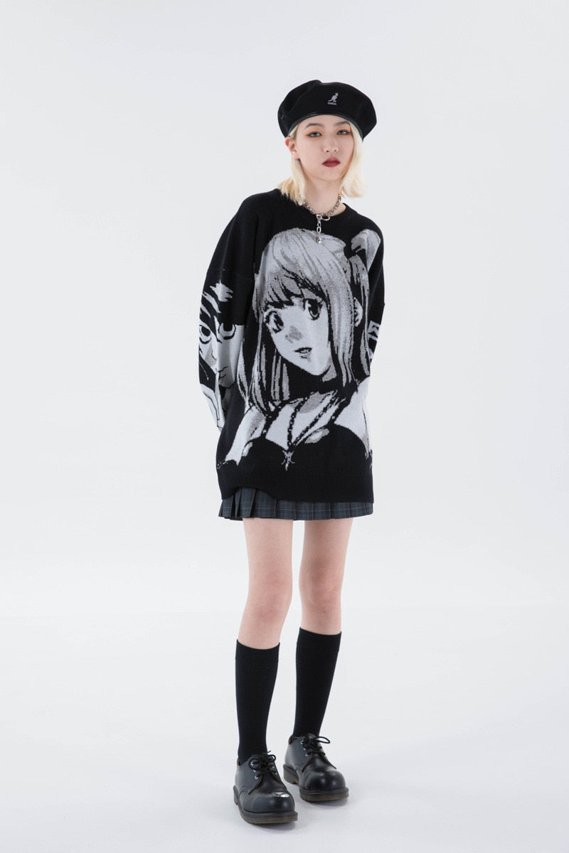 Mens Hip Hop Streetwear Harajuku Sweater Vintage Retro Japanese Style Anime Girl Knitted Sweater  Autumn Cotton Pullover