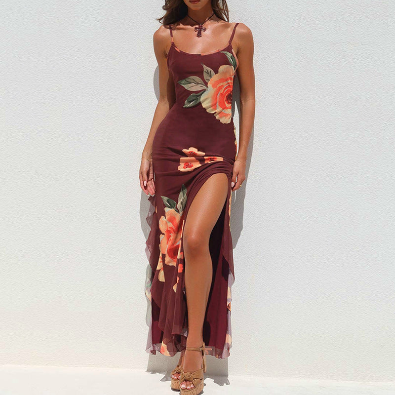 Sexy female floral mesh ribbon slit suspender dress