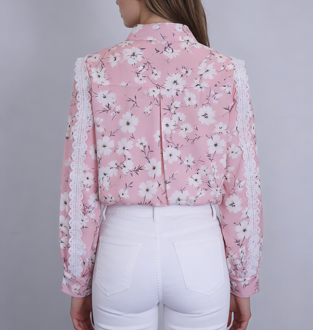 Women's fashionable casual shirt with lace-trimmed sleeves and fresh print.