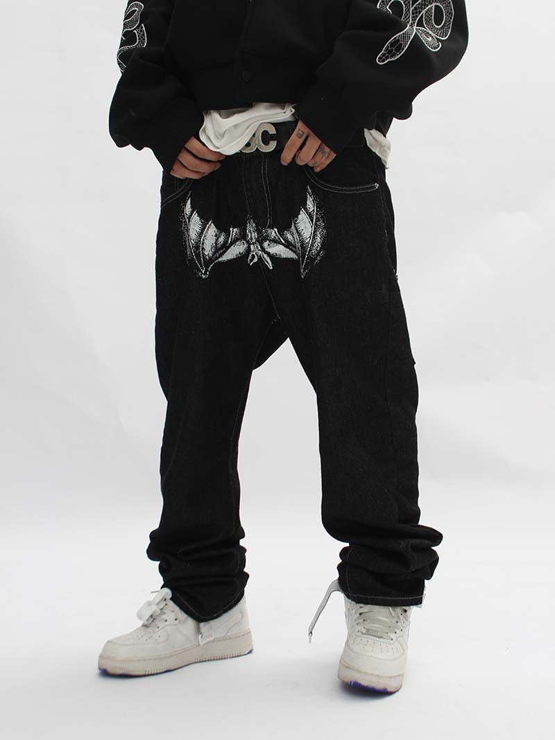Occidental High Street Vibe Skull Head Printed Jeans Mens Fashion Loose Small Design Straight Pants