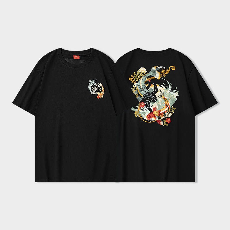 Short sleeved T-shirt for boys embroidered with blooming koi fish